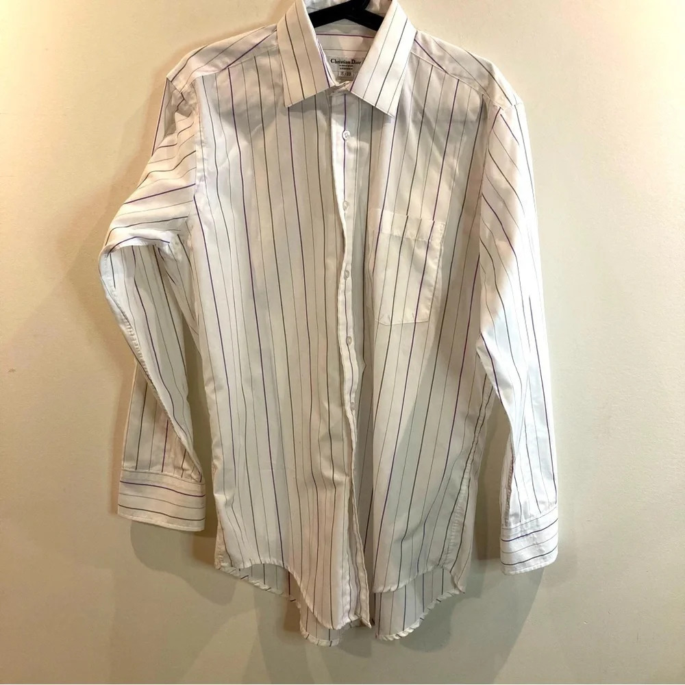 CHRISTIAN DIOR Sz 15-33 Purple Grey Stripe Cotton Blend Vintage Button Up Shirt